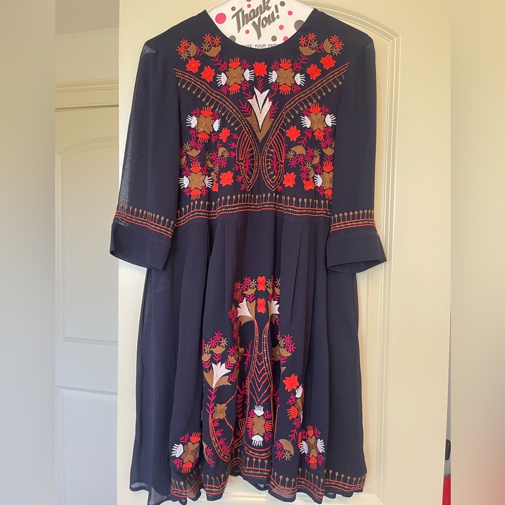 French Connection Dark Blue Dress with Red and White Embroidery
